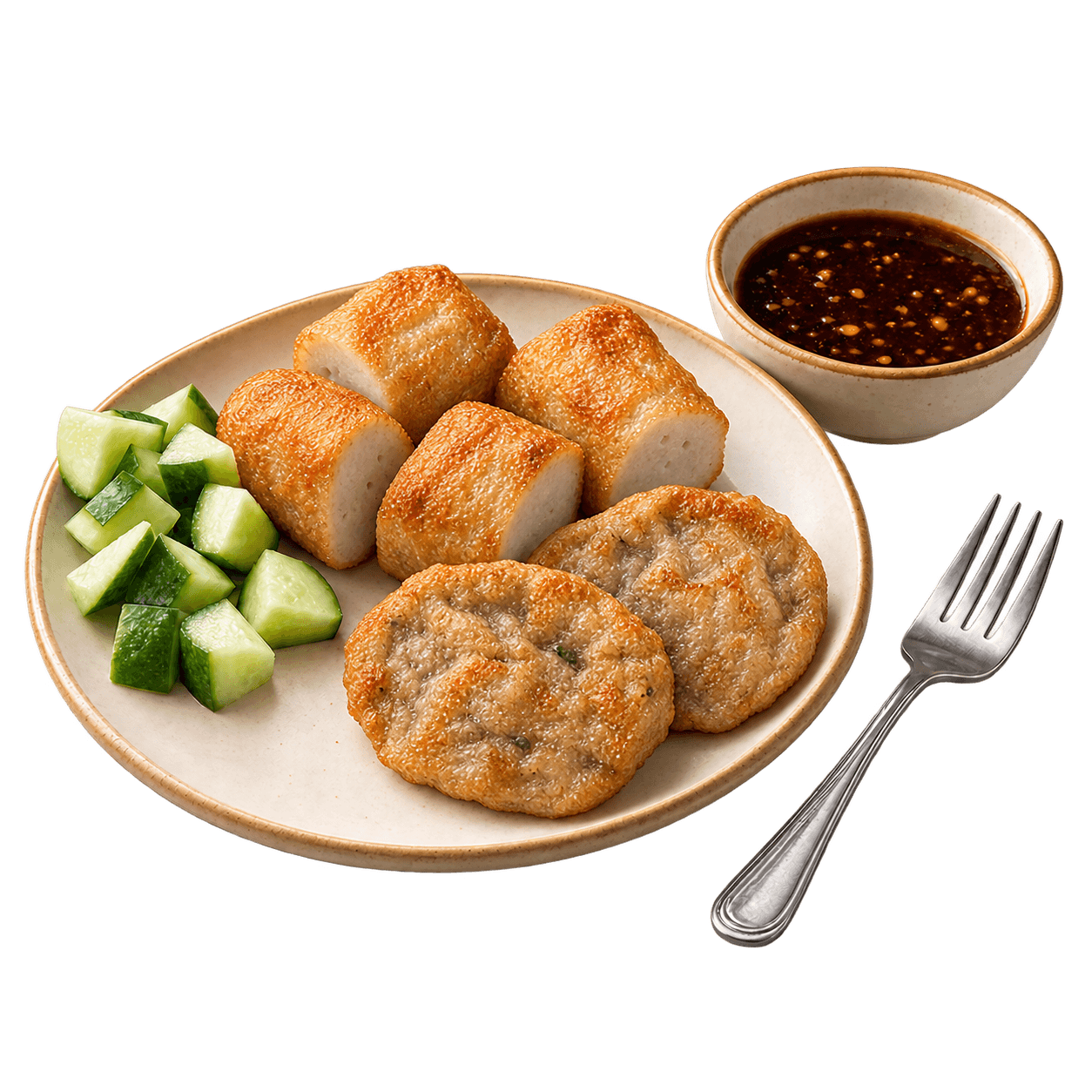 Pempek goreng di piring dengan timun dan mangkuk cuko